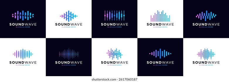 Sound wave logo and icon set. Abstract shape flow music audio. Voice equalizer symbol vector illustration.
