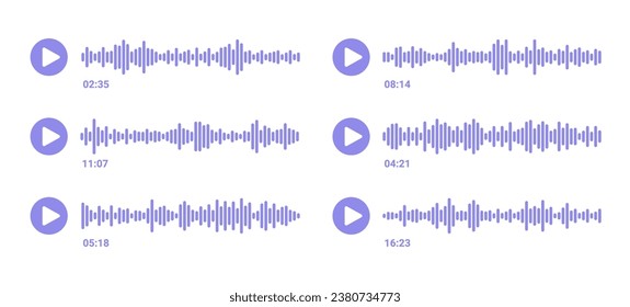 Sound wave message. Social audio of voice. Podcast soundwave player. Volume equalizer icon with noise spectrum and play button. Record music. Shape of mobile talk track. Vector illustration.