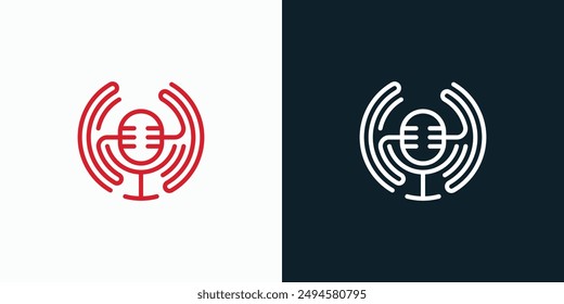 Diseño de logotipo de Vector de línea de ondas de sonido y micrófono con estilo moderno, simple, limpio y abstracto.