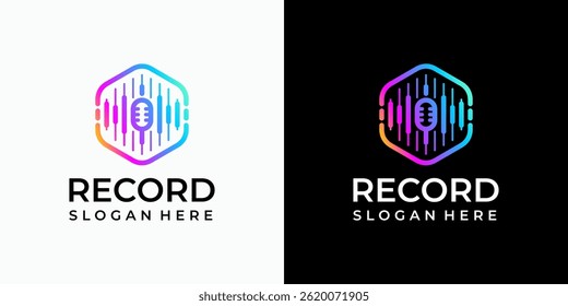 Sound wave and microphone vector logo design in hexagon shape with modern, simple, clean and abstract style. Icon for business, sound, entertainment and personal branding.