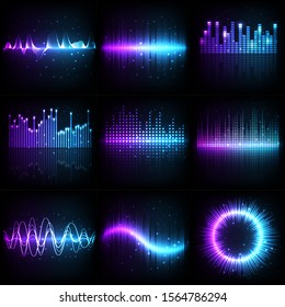 Sound wave, music audio equalizer with frequency pattern, vector different shapes. Abstract music sound wave of purple and blue neon light colors, electronic amplifier and beat record spectrum graphic