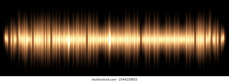 Onda sonora. Frequência de áudio de música, forma de onda de voz, sinal de rádio eletrônico, nível de volume, símbolo de faixa. Os pulsos de ruído curvam a linha dourada isolada em preto. Vetor de fundo abstrato.