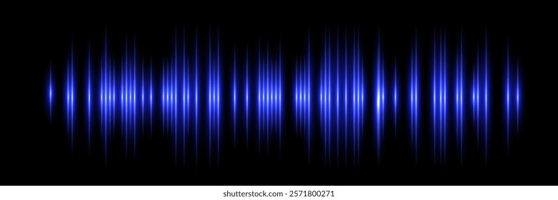 Sound wave. Music audio frequency, voice waveform, electronic radio signal, volume level, track symbol. Noise pulses curve blue line isolated on black. Abstract vector background.