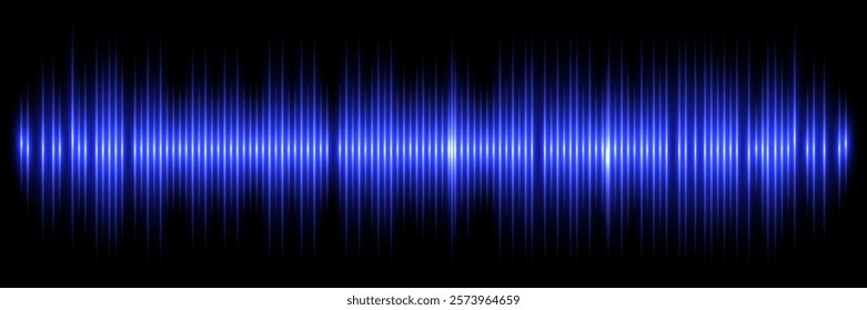 Sound wave. Music audio frequency, voice waveform, electronic radio signal, volume level, track symbol. Noise pulses curve blue line isolated on black. Abstract vector background.