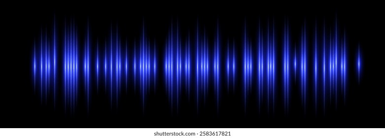 Sound wave. Music audio frequency, voice waveform, electronic radio signal, volume level, track symbol. Noise pulses curve blue line isolated on black. Abstract vector background.