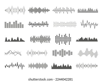 Sound wave. Music audio icons. Radio soundwave. Stereo pulse chart. Bar rhythm for logo. Heart impulse graphic. Wavelength signal. Voice frequency. Vector abstract waveform shapes set