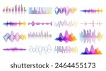 Sound wave. Music audio, voice frequency, radio rhythm. Media bar, audio beat. Logo colorful line, motion waveform equalizer tone. Musical soundtrack digital visualization. Vector clipart background