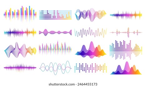 Schallwelle. Musik, Audio, Sprachfrequenz, Radiorhythmus. Medienleiste, Audio-Beat. Logo-farbige Linie, Motion-Waveform-Equalizer-Ton. Digitale Visualisierung des musikalischen Soundtracks. Vektorgrafik Clipart Hintergrund