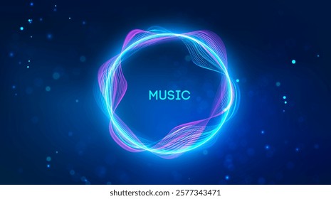 Sound wave music background. Futuristic neon technology music wave circle. Radial sound wave curve background.