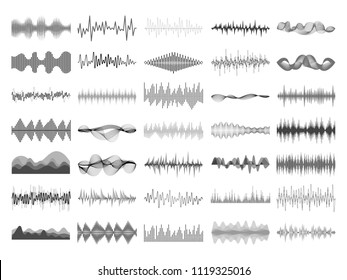 Sound wave and music digital equalizer panel. Soundwave amplitude form radio frequency musical sonic beat pulse and voice visualization vibration waves vector isolated icon illustration collection