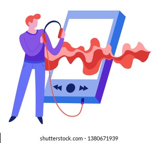 Sound wave and music man with player listen to song or melody vector audio record play mp3 device and headphones guy and electronic musical gadget equalizer effect abstract concept technology
