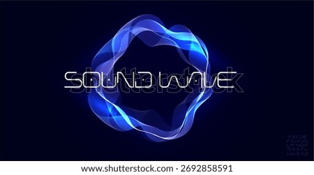 Sound wave music waveform audio bass beat circular wavy rings, radial glow equalizer round pulse, glowing soundwave with modern font logo alphabet for radio dj, edm, podcast. Vector illustration