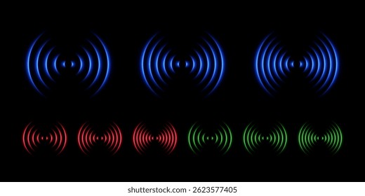 Sound wave neon light effect. Echo with concentric laser glow. Vector set of elements in blue, green and red.