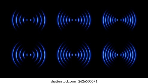 Sound wave with neon light. Radar laser glow with different frequency. Vector set of radial elements on black background.