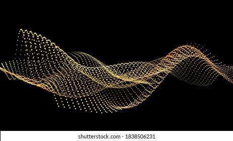 Sound wave from node. Gold interface big data flow. Copy space cover template. Vector swirl isolated flow. Golden wobble and spinning along the axis. Gradation of data from nodes on a black background