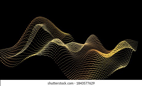 Sound wave from node. Gold interface big data flow. Copy space cover template. Vector swirl isolated flow. Golden wobble and spinning along the axis. Gradation of data from nodes on a black background