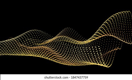 Sound wave from node. Gold interface big data flow. Copy space cover template. Vector swirl isolated flow. Golden wobble and spinning along the axis. Gradation of data from nodes on a black background