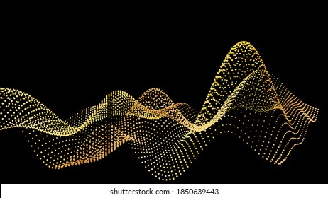 Sound wave from node. Gold interface big data flow. Copy space cover template. Vector swirl isolated flow. Golden wobble and spinning along the axis. Gradation of data from nodes on a black background