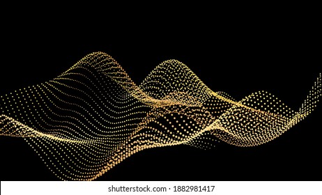 Sound wave from node. Gold interface big data flow. Copy space cover template. Vector swirl isolated flow. Golden wobble and spinning along the axis. Gradation of data from nodes on a black background