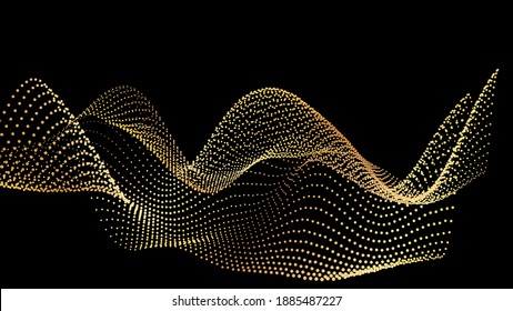 Sound wave from node. Gold interface big data flow. Copy space cover template. Vector swirl isolated flow. Golden wobble and spinning along the axis. Gradation of data from nodes on a black background