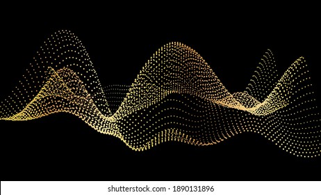 Sound wave from node. Gold interface big data flow. Copy space cover template. Vector swirl isolated flow. Golden wobble and spinning along the axis. Gradation of data from nodes on a black background