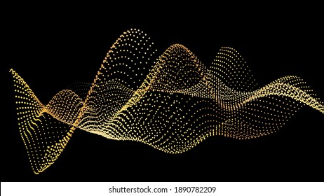 Sound wave from node. Gold interface big data flow. Copy space cover template. Vector swirl isolated flow. Golden wobble and spinning along the axis. Gradation of data from nodes on a black background