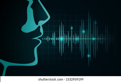 Sound wave out of human mouth on black graph. Illustration about level of voice frequency.