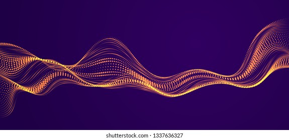 Sound wave over dark, particles flow, effect in motion. Dynamic vector abstract background. 3d shape shining dots blended mesh, future technology relaxing wallpaper.