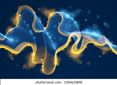 Sound wave over dark, particles flow, effect in motion. Dynamic vector abstract background. 3d shape shining dots blended mesh, future technology relaxing wallpaper.