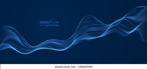 Sound wave over dark, particles flow, effect in motion. Dynamic vector abstract background. 3d shape shining dots blended mesh, future technology relaxing wallpaper.