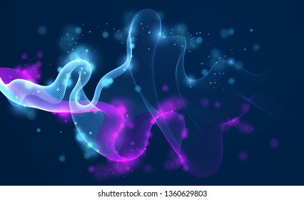 Sound wave over dark, particles flow, effect in motion. Dynamic vector abstract background. 3d shape shining dots blended mesh, future technology relaxing wallpaper.