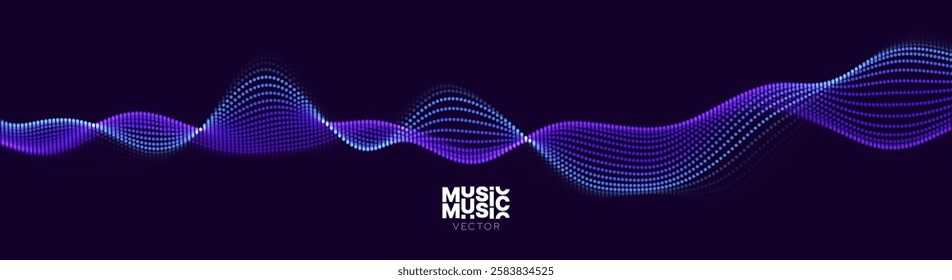 Sound Wave Particles Data Flow Concept. Music Data Visualization. Dynamic Circles Dots Particles Ultrawide Party Background. Vector Illustration. Digital Sound Equalizer.