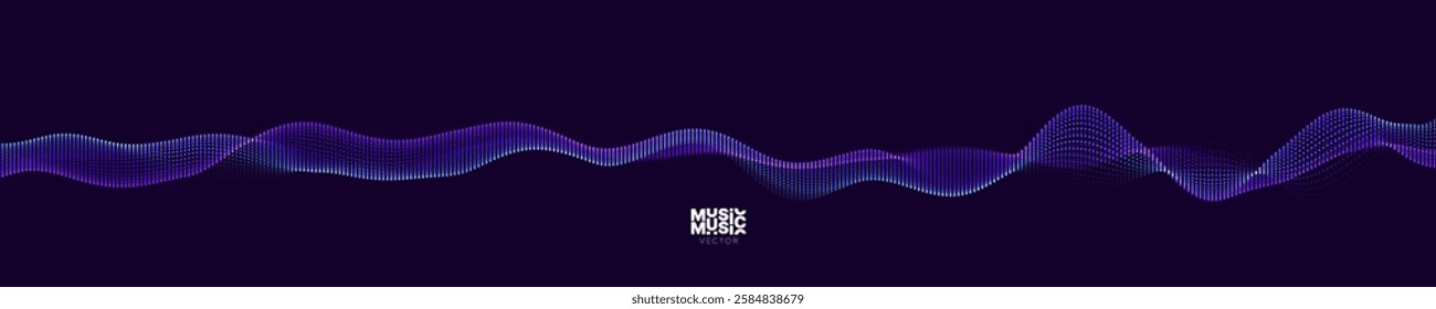 Sound Wave Particles Data Flow Concept. Music Data Visualization. Dynamic Circles Dots Particles Ultrawide Party Background. Vector Illustration. Digital Sound Equalizer.