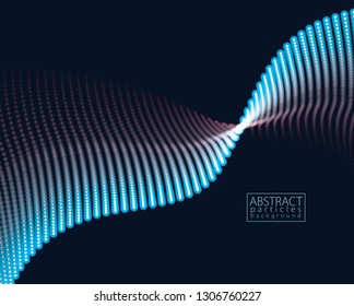 Sound wave, particles flow, effect in motion. Blurred lights vector abstract background. Beautiful wave shaped array of glowing dots.