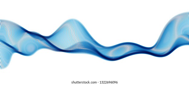 Sound wave, particles flow, effect in motion. dynamic vector abstract background. 3d shape dots blended mesh, future technology relaxing wallpaper.