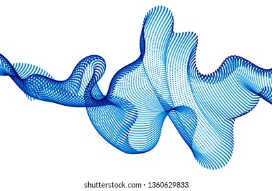 Sound wave, particles flow, effect in motion. dynamic vector abstract background. 3d shape dots blended mesh, future technology relaxing wallpaper.