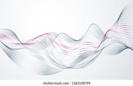 Sound wave, particles flow, effect in motion. dynamic vector abstract background. 3d shape dots blended mesh, future technology relaxing wallpaper.