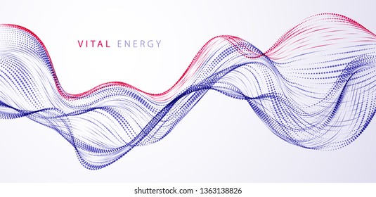 Sound wave, particles flow, effect in motion. dynamic vector abstract background. 3d shape dots blended mesh, future technology relaxing wallpaper.
