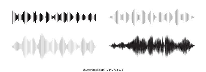 Conjunto de patrones de ondas sonoras. Forma de onda de audio para radio, podcast, grabación de música, vídeo, redes sociales. 4 formas diferentes.