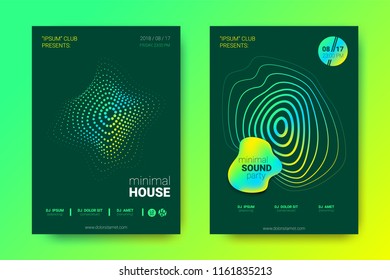 Sound Wave Poster of Electronic Music Event. Abstract Background with Gradient Circle and Lines. Distortion of Colorful Wave Stripes. Flyer in Bright Modern Style. Vector Cover with Wave Equalizer.