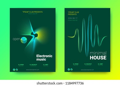 Sound Wave Poster of Electronic Music Event. Abstract Background with Gradient Circle and Lines. Distortion of Colorful Wave Stripes. Flyer in Bright Modern Style. Vector Cover with Wave Equalizer.