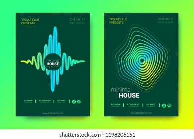 Sound Wave Poster of Electronic Music Event. Abstract Background with Gradient Circle and Lines. Distortion of Colorful Dotted Stripes. Flyer in Bright Modern Style. Vector Cover with Wave Equalizer.