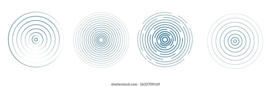 Sound wave, radar signal line. Concentric round circle effect, circular water ring. Contour vibration scan or music. Target screen, scannner swirl.
