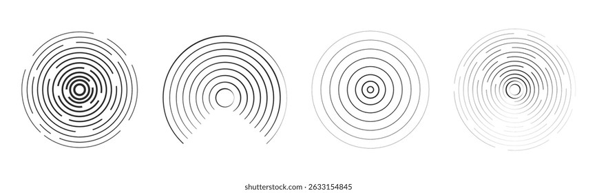 Sound wave, radar signal line. Concentric round circle effect, circular water ring. Contour vibration scan or music. Target screen, scannner swirl.