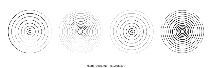 Sound wave, radar signal line. Concentric round circle effect, circular water ring. Contour vibration scan or music. Target screen, scannner swirl.