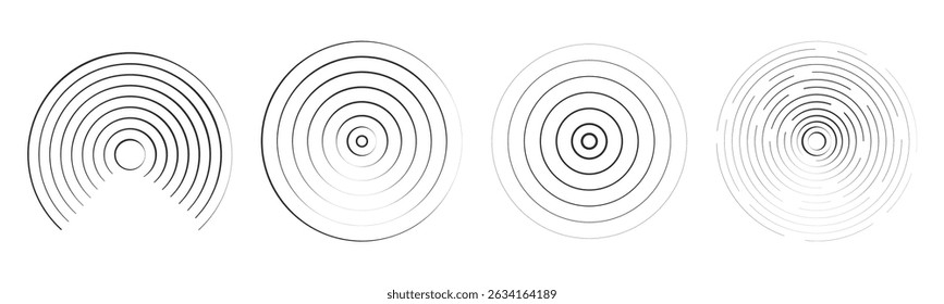 Sound wave, radar signal line. Concentric round circle effect, circular water ring. Contour vibration scan or music. Target screen, scannner swirl.