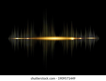 sound wave rhythm background. Golden color digital Sound Wave equalizer, technology and earthquake wave concept, Gold design for music industry. Glow Light Dot lines style Vector isolated on black 