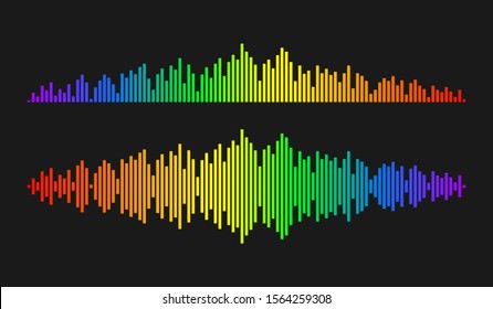 Sound wave rhythm. Colorful digital equalizer. Abstract wavy stripes on a black background isolated.