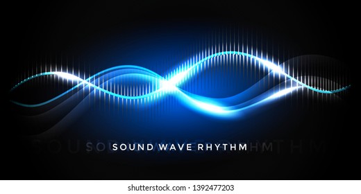 Sound wave rhythm on deep blue background. Abstract music pulse background. Audio voice rhythm radi wave, frequency spectrum vector illustration