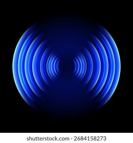 Anel de onda sonora. Brilhante neon azul wifi, rede sem fio, círculo de sinal com movimento futurista efeito ondulação isolado no fundo preto. Ilustração vetorial abstrata de tecnologia.